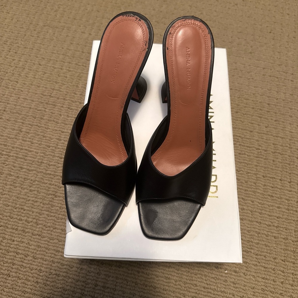 Amina Muaddi Lupita Slipper - Black Leather Open-Toe Mule Heels